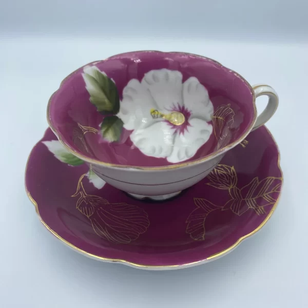 made in Occupied Japan tea cup deep pink with white flower and gold leaves