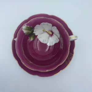 made in Occupied Japan tea cup top view dark pink with white flower