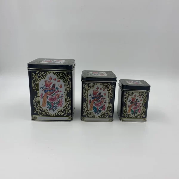 tin canister set vintage colorful birds on side set of three