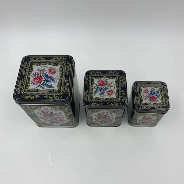 tin canister set vintage colorful flowers on lids tops set of three