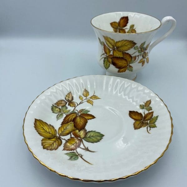 vintage paragon tea cup and saucer with brown gold leaf design