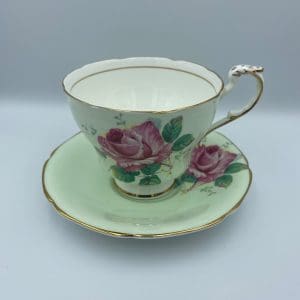 Paragon cabbage rose teacup mint green gold trim