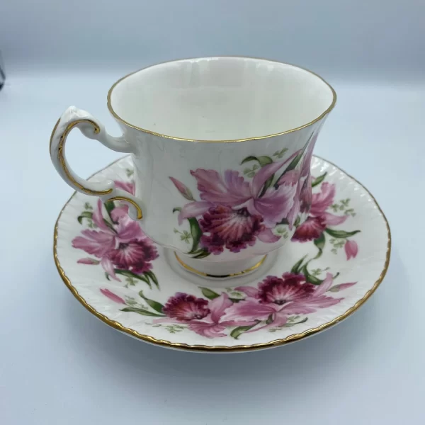 Paragon tea cup and saucer handle left side showing backside of teacup on top of saucer