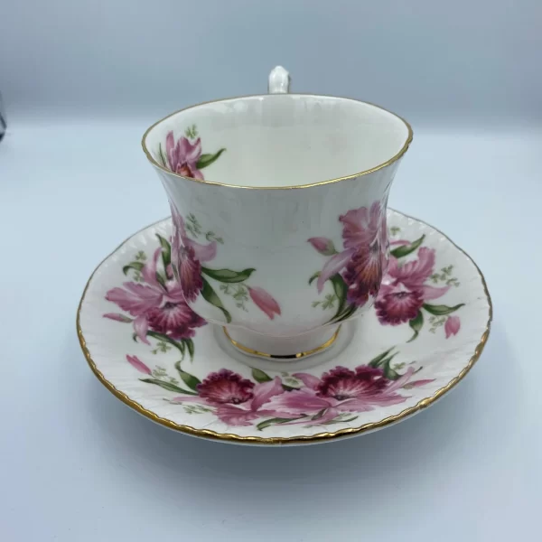 Paragon tea cup and saucer gold trim with pink flowers orchids