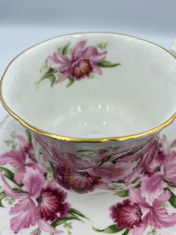 Paragon tea cup and saucer close showing orchid inside rim of teacup