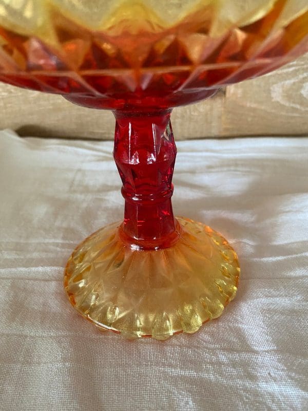 red and yellow glass candy dish pedestal stem