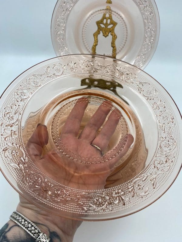 pink glass plates in hand to show size