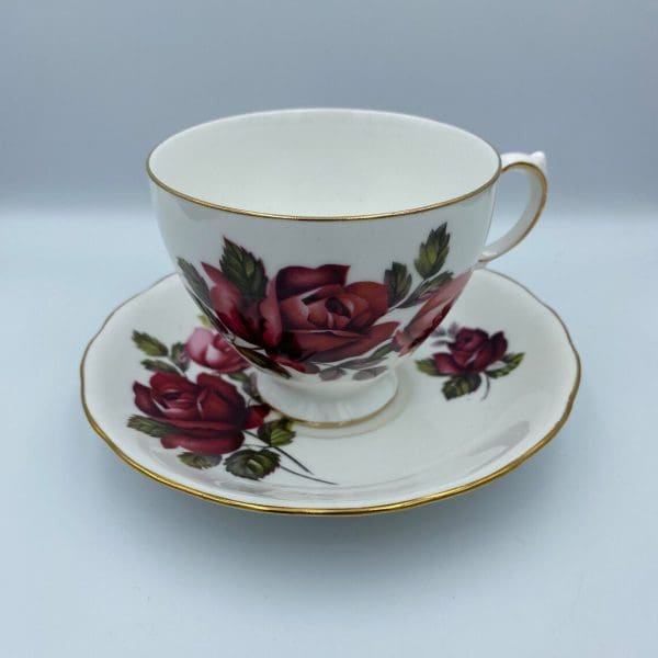 Queen Anne China Dark Pink Rose Teacup and Saucer Set front