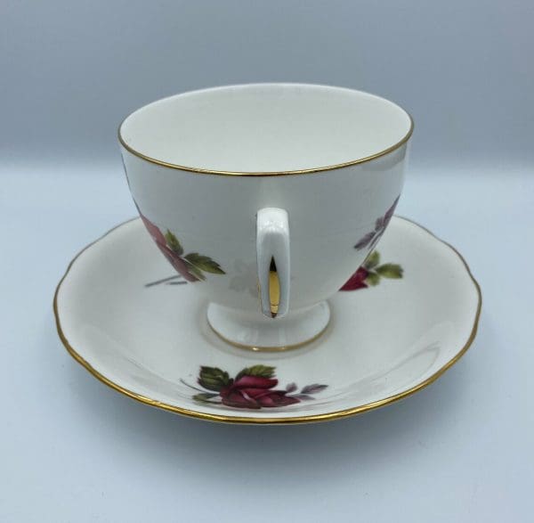 Queen Anne China Dark Pink Rose Teacup and Saucer Set handle