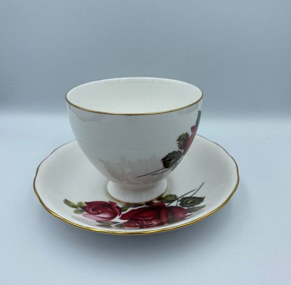 Queen Anne China Dark Pink Rose Teacup and Saucer Set rim