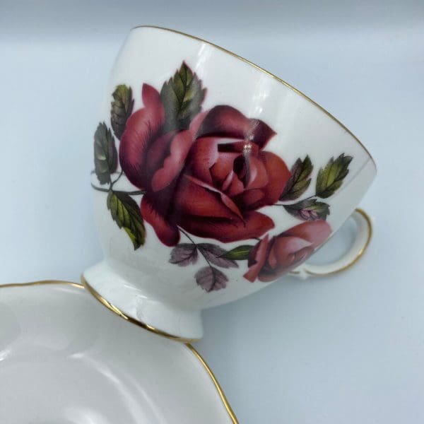 Queen Anne China Dark Pink Rose Teacup and Saucer Set close front