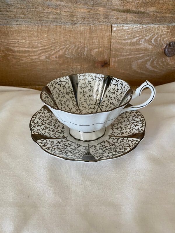 Queen Anne teacup and saucer set silver lace