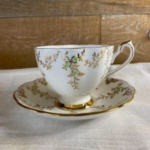 Queen Anne Cup and Saucer White Gold and Green pattern 5634