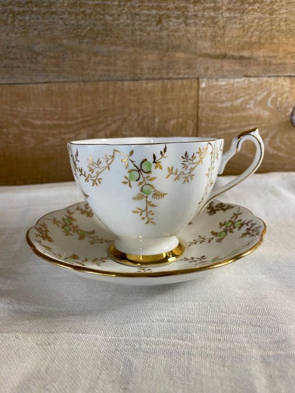 Queen Anne Cup and Saucer White Gold and Green pattern 5634