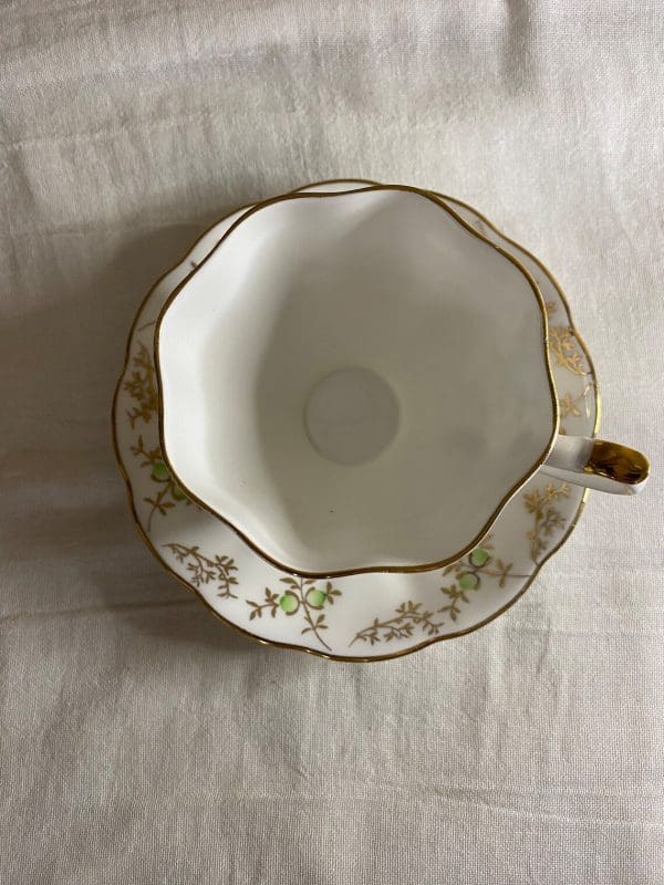 Queen Anne Cup and Saucer White Gold and Green pattern 5634 top