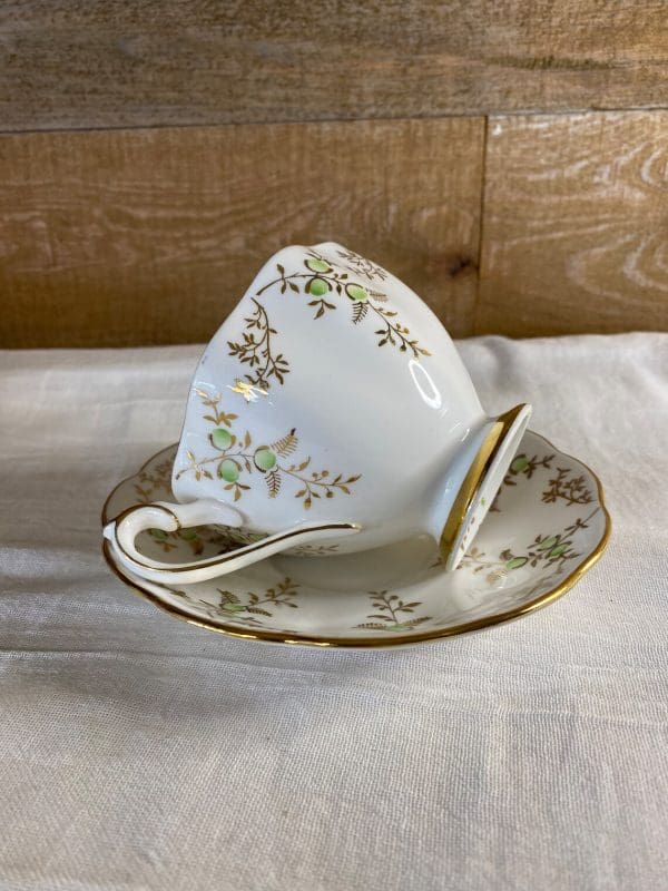 Queen Anne Cup and Saucer White Gold and Green pattern 5634 handle