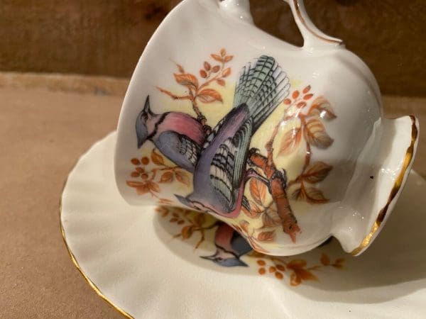 bird tea cup Queens Blue Jay cup on side