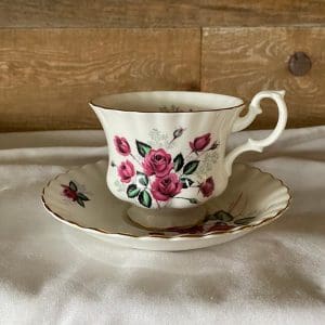 Royal Albert Montrose shape tea cup and saucer deep pink roses right side