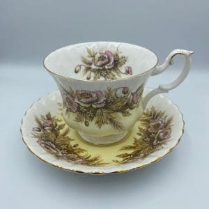 vintage Royal Albert Melody Series Sonata tea set yellow pink flowers on white and gold trim right side