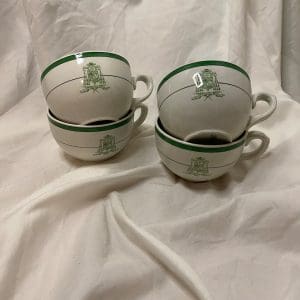 Royal Doulton Tea Cups White and Green with Crest on Front fronts