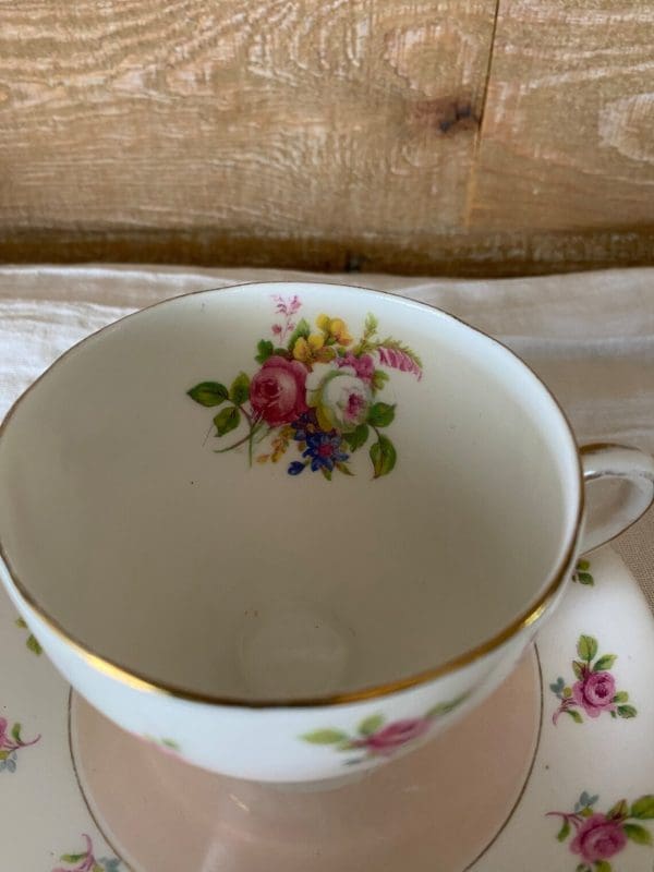 cute tea cups Royal Standard Pink with Rose Chintz top showing bouquet of pink white and purple flowers on inner rim