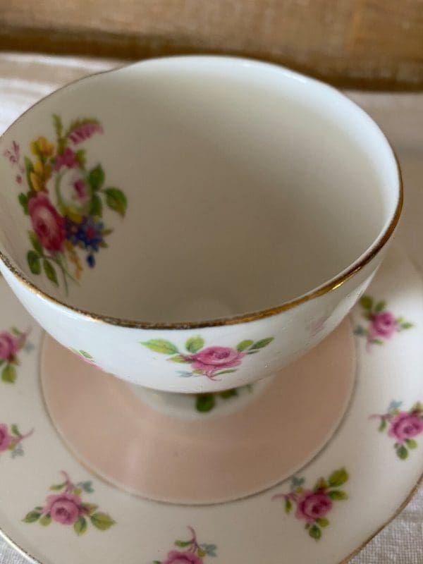 cute tea cups Royal Standard Pink with Rose Chintz wear tog old on rim