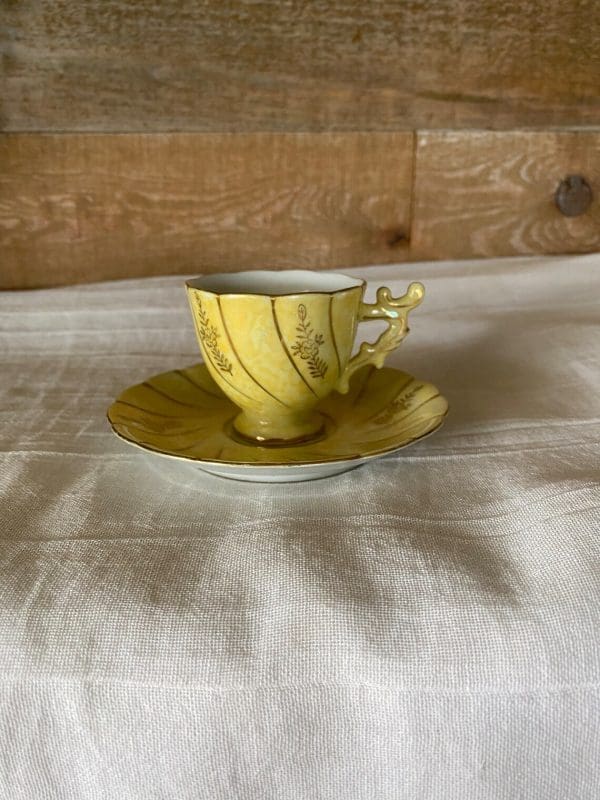 demitasse tea cups and saucers yellow iridescent with gold