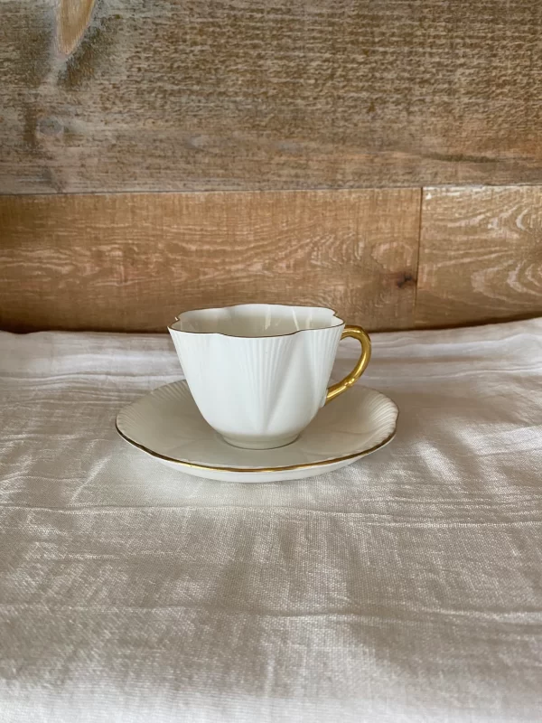 Shelley Teacup and Saucer Fine Bone China - White Fiat Star Gold Trim