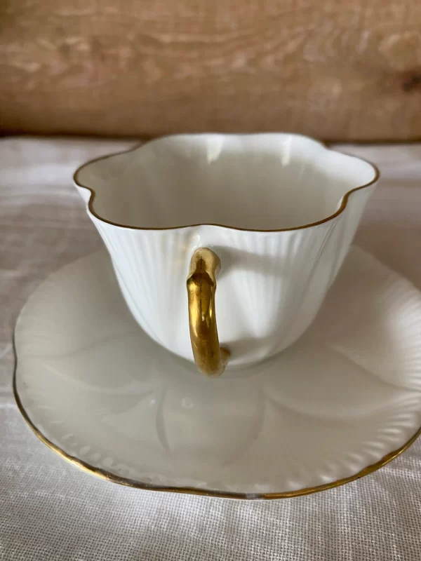 Shelley Teacup and Saucer Fine Bone China - White Fiat Star Gold Trim - Image 5