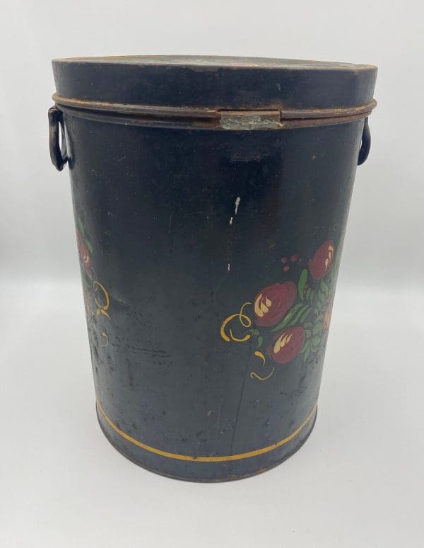 Antique Toleware Painted Tin Sugar Pail hinge on cover