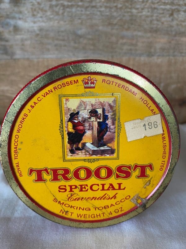 tobacco tins vintage Troost Special Cavendish round can yellow and red front