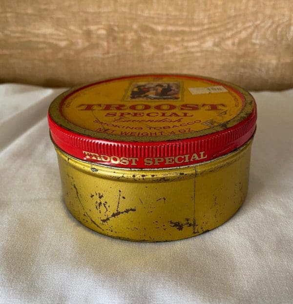 tobacco tins vintage Troost Special Cavendish round can gold yellow and red side