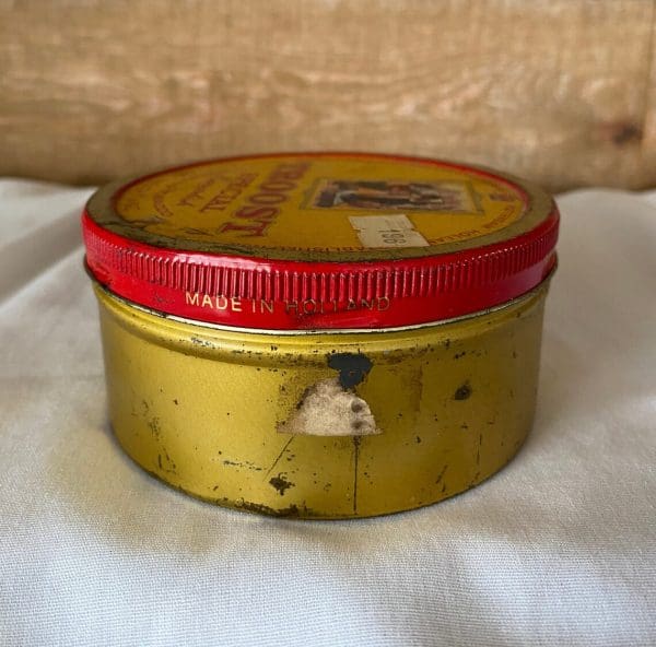 tobacco tins vintage Troost Special Cavendish round can shows "Made in Holland" on side