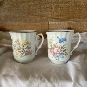 vintage white coffee mugs with floral design front