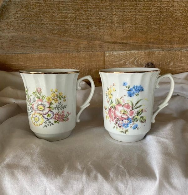 vintage white coffee mugs with floral design front