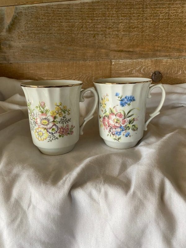 vintage white coffee mugs with floral design floral fronts