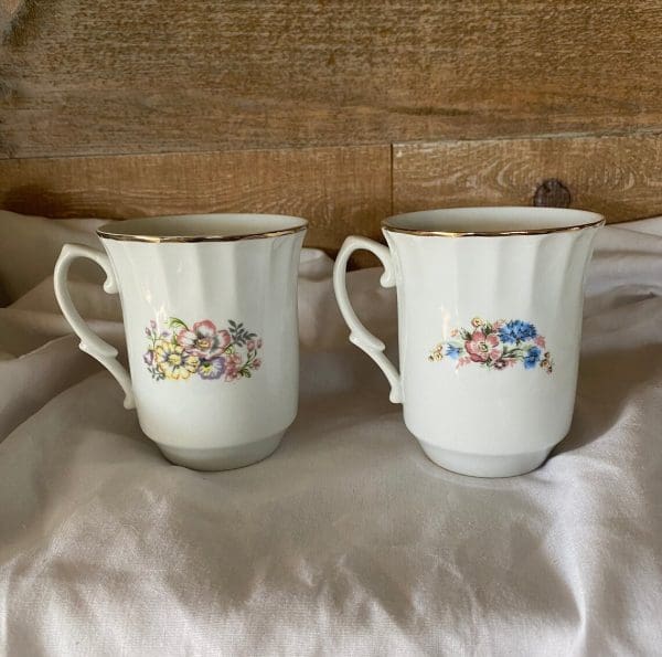 vintage white coffee mugs with floral design back