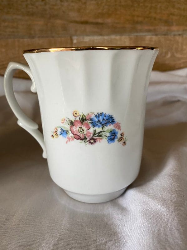 vintage white coffee mugs with floral design back