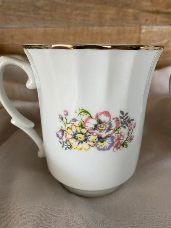 vintage white coffee mugs with floral design back left