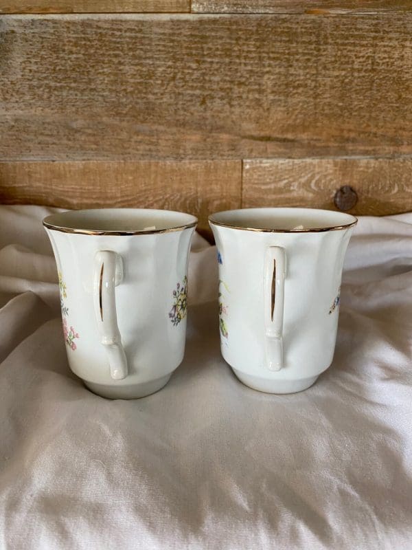 vintage white coffee mugs with floral design handles