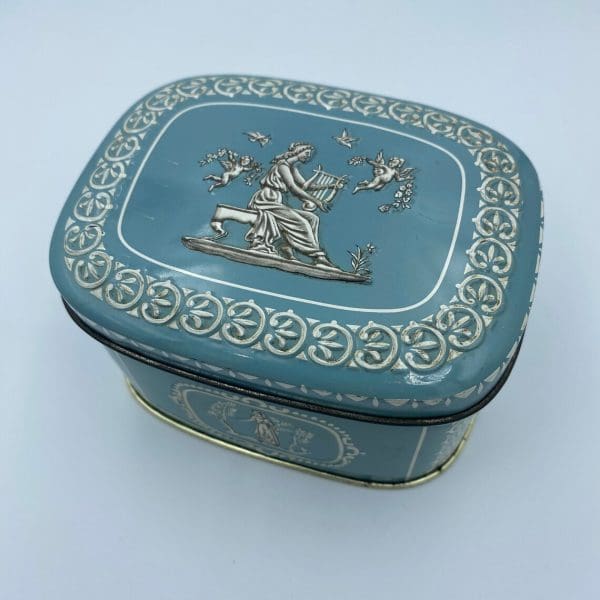 vintage candy tin Greek embossed design blue with white