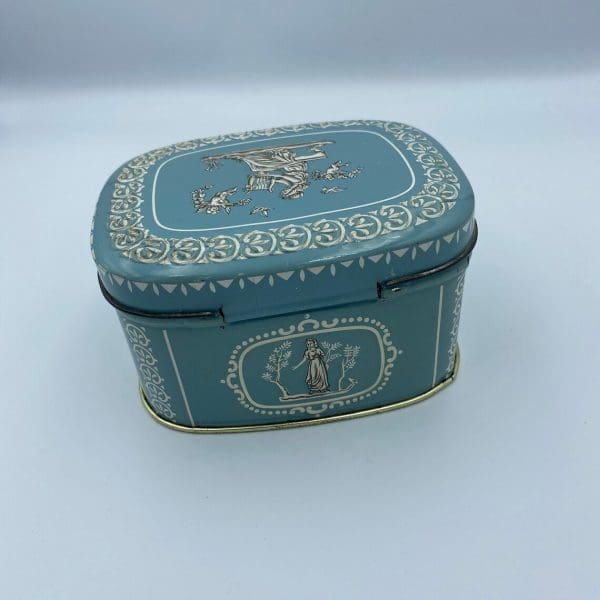 vintage candy tin Greek embossed design hinge on lid