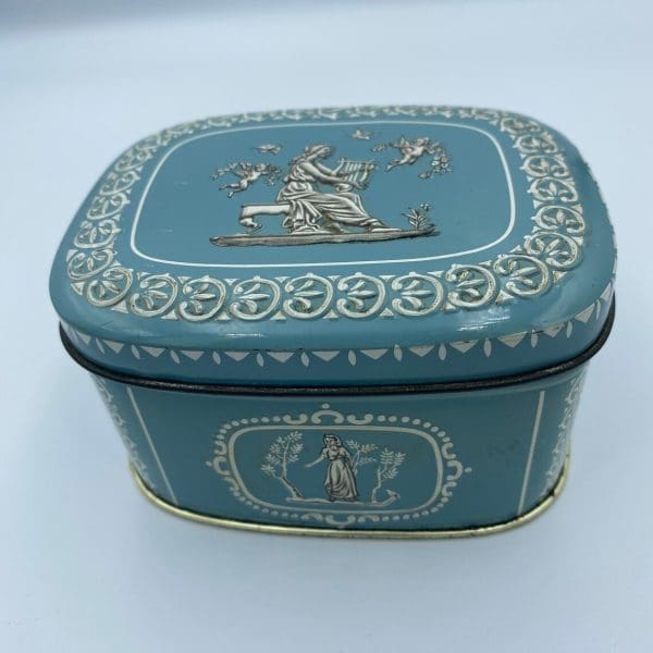 vintage candy tin Greek embossed design front and top of lid