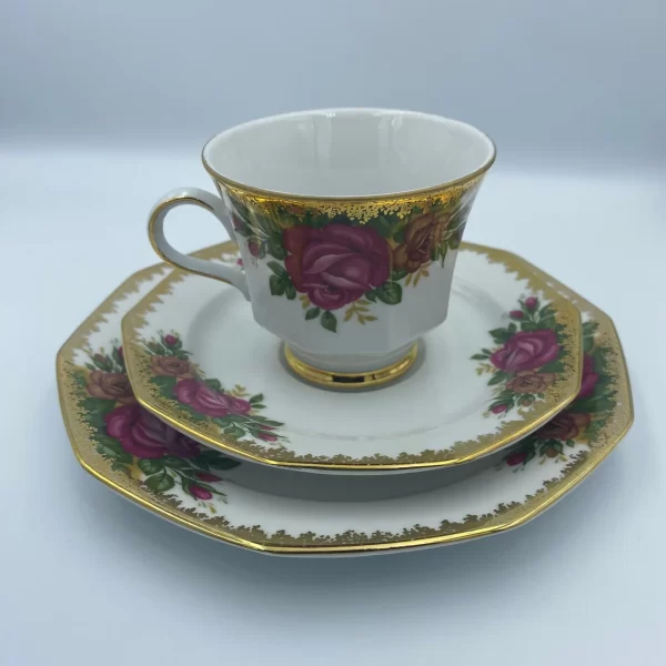 Winterling Bavaria Germany tea cup and saucer rose heavy gold trio octogen shape plates