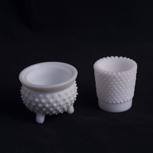 Vintage hobnail milk glass cup and footed dish