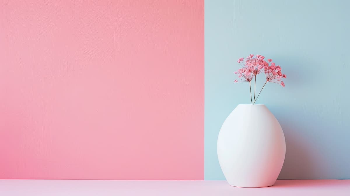 Milk glass interior design white vase with pink flower against a pink and teal backdrop