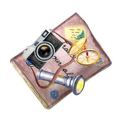 Exploring modern vintage interior desin image showing a vintage journal, flashlight and camera