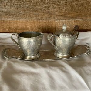 vintage creamer and sugar set metal on tray