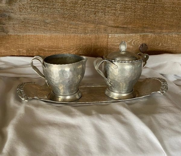 vintage creamer and sugar set metal on tray