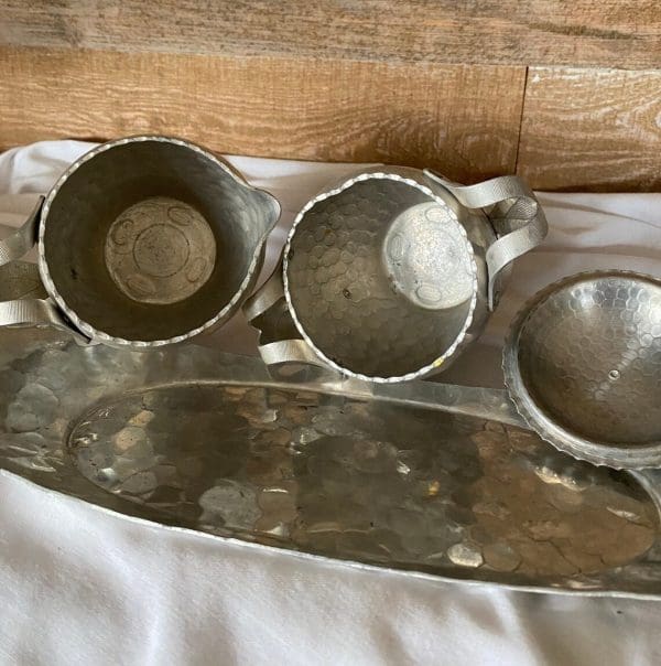 vintage creamer and sugar set metal on tray insides of all